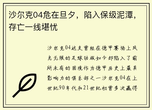 沙尔克04危在旦夕，陷入保级泥潭，存亡一线堪忧